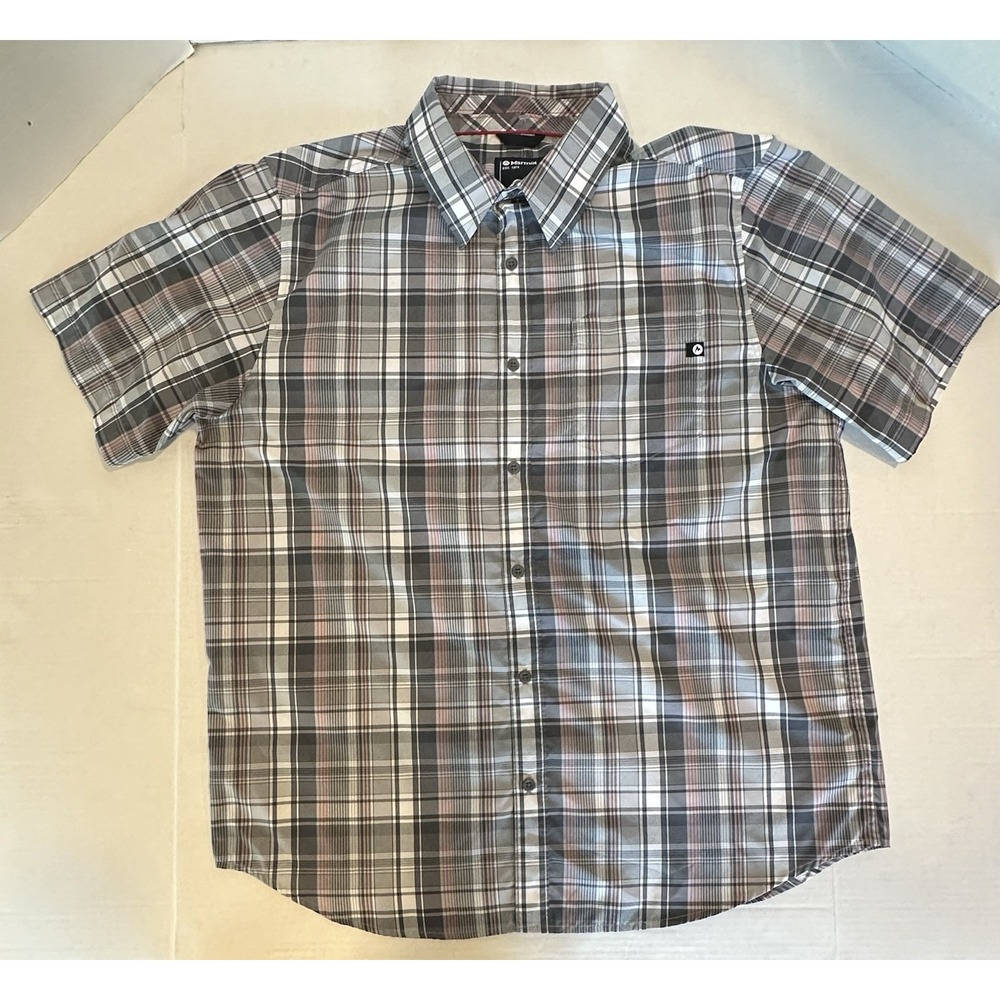 Marmot Collared Plaid Button Down Short Sleeve Shirt Gray White Men's XL
